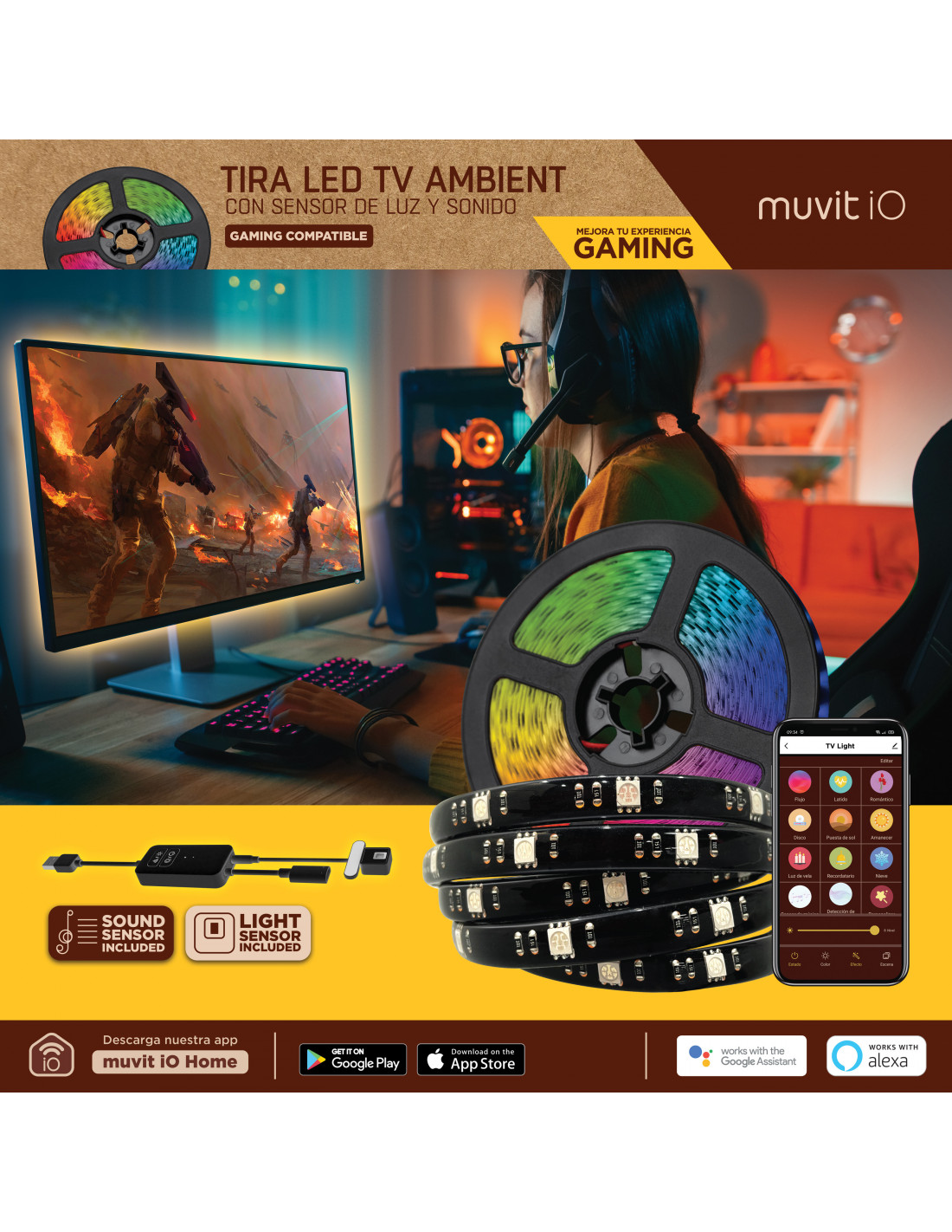 muvit iO Tira LED USB WiFi TV RGB 3m con sensor ambiental y de sonido