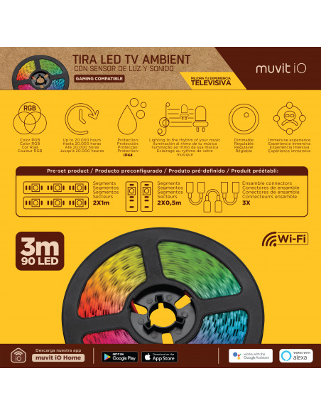 Tira LED TV Ambient, con sensor de luz y sonido muvit iO, compatible con  Google Assistant y Alexa 