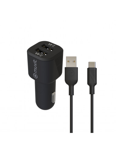 muvit for change pack cargador coche USB 2 puertos 2.4A/12W + cable 1.2m  tipo C negro