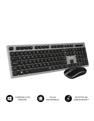Subblim Ergo teclado ergonómico y ratón inalámbricos plano y silencioso  gris/negro