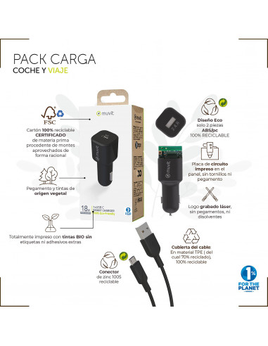 muvit for change pack cargador coche USB 12W + Cable Tipo C 3A 1