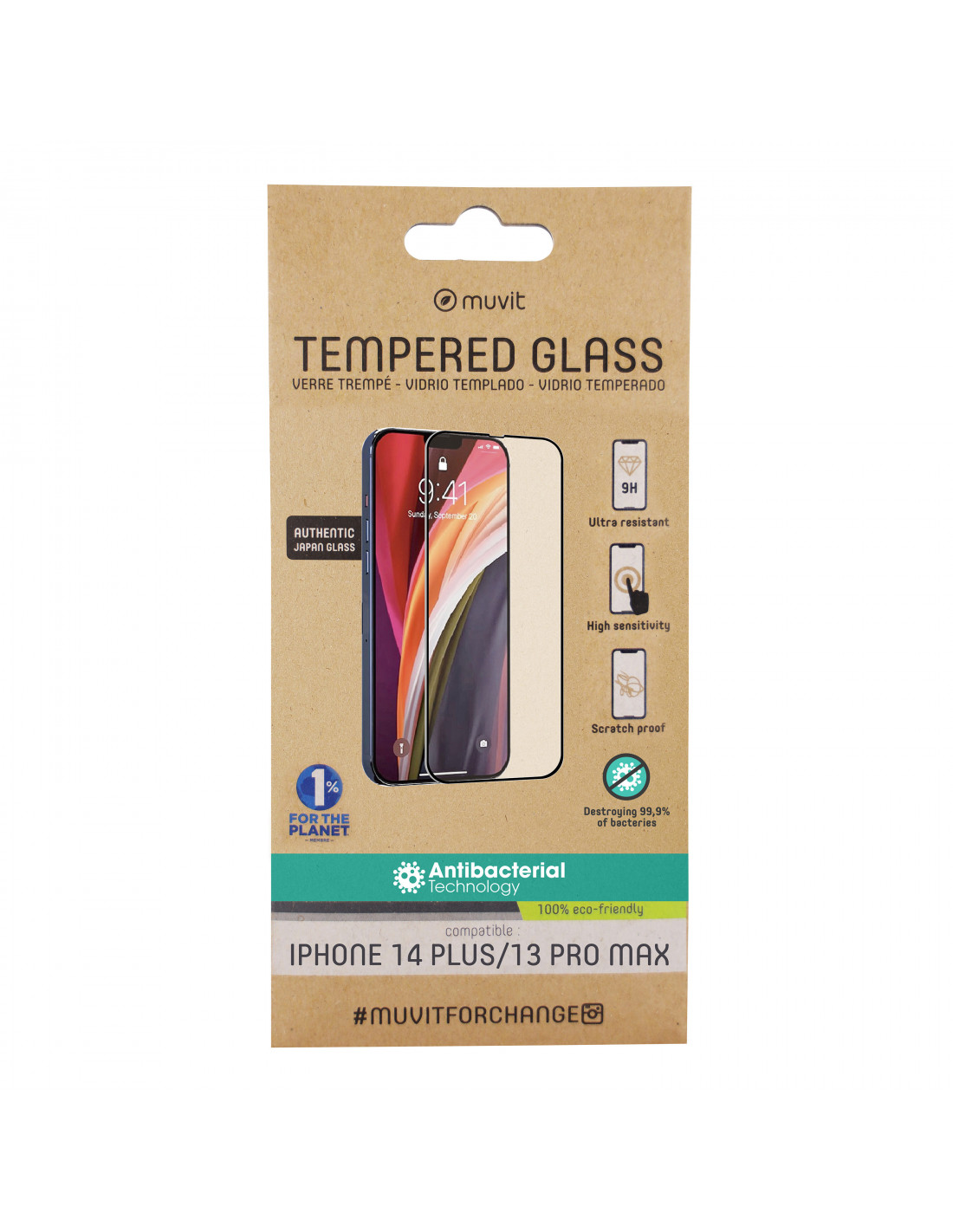 Protector pantalla  muvit MCTPG0105, Para Apple iPhone 13 Pro Max, Vidrio  templado, Transparente