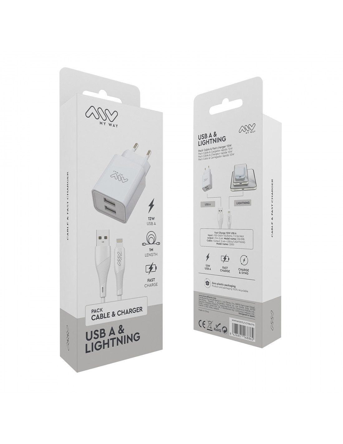 Pack cargador 2.1A + cargador para coche 2.1A + cable iPhone 1m - Blanco