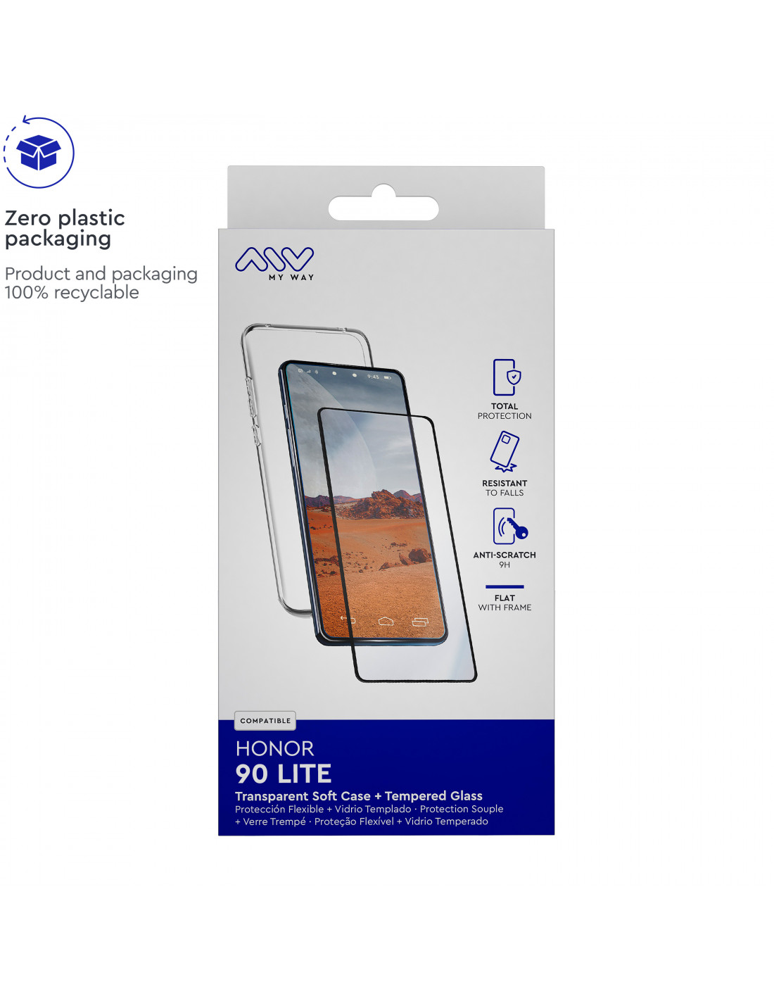 myway funda compatible con Honor 90 Lite + protector pantalla vidrio  templado plano con marco