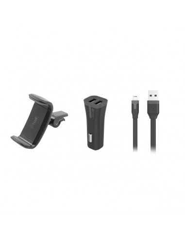 muvit pack soporte coche salida aire hasta 6,2 + cargador coche USB 2  puertos 2A negro + cable USB-Lightning MFI 1m