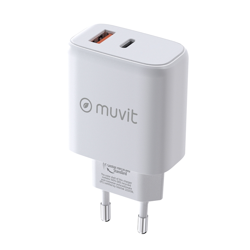 muvit for change cargador de pared GaN 1 USB QC 3.0 18W + Tipo C PD65W blanco