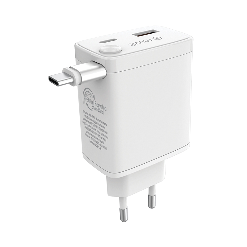 muvit for change cargador de pared Retráctil Tipo C PD 30W blanco