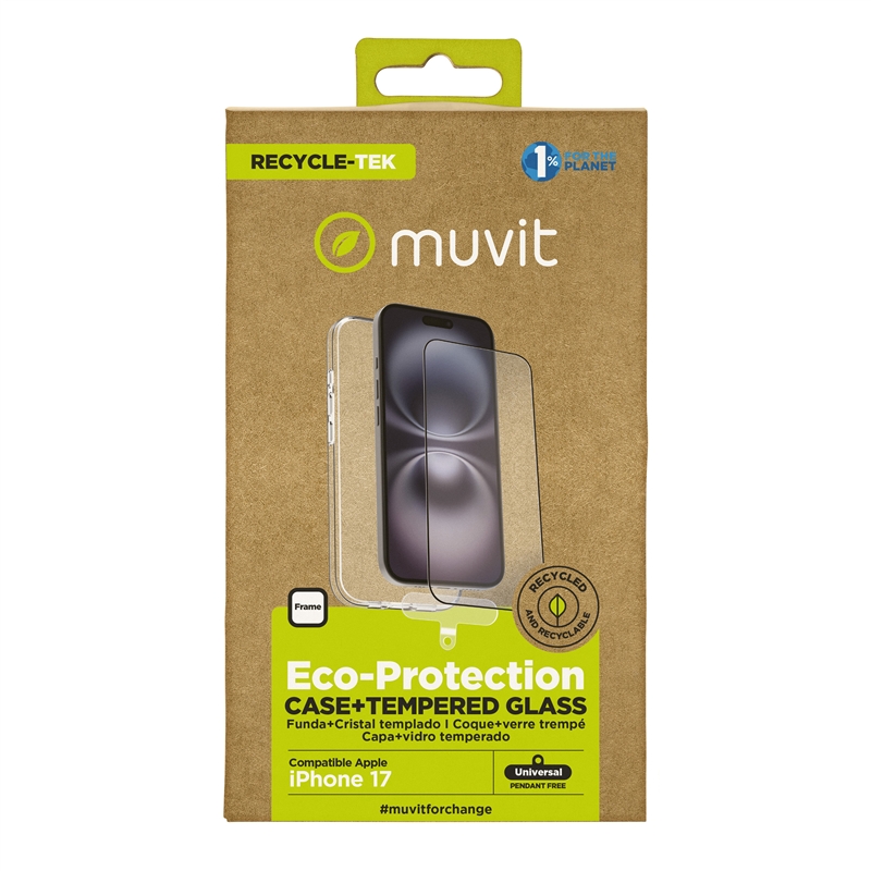 muvit for change funda compatible con Apple iPhone 17 + protector de pantalla vidrio templado plano marco negro