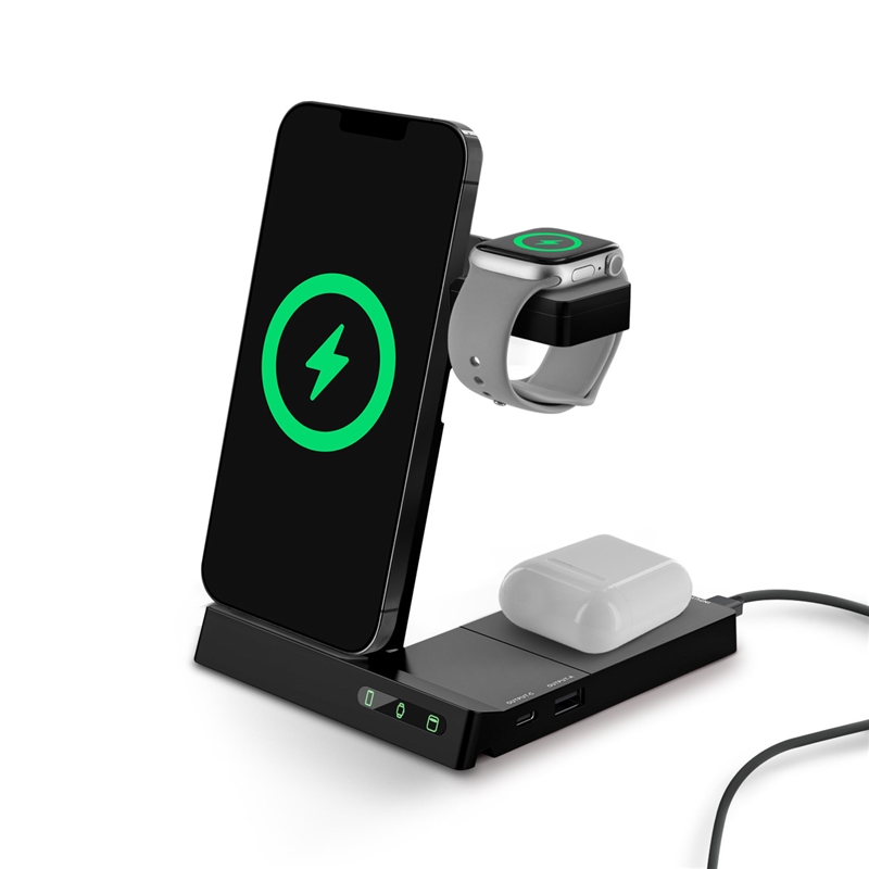 muvit for change base cargadora inalambrica 6 en 1 plegable smartphone+Watch+Airpods+dos puertos USB A+C negra