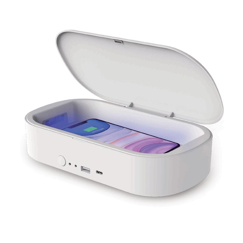 muvit esterilizador para móviles con carga inalámbrica rápida y puerto de carga USB + Tipo C blanco
