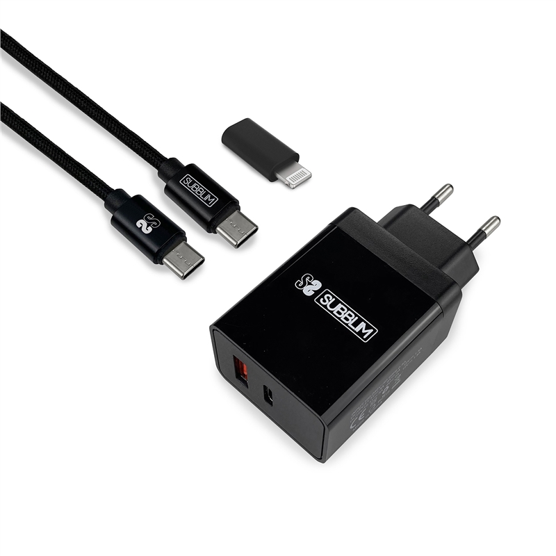 Subblim Pack cargador pared Smart charger PD25W+QC3.0+C a   Cable Tipo C C/Lightning negro